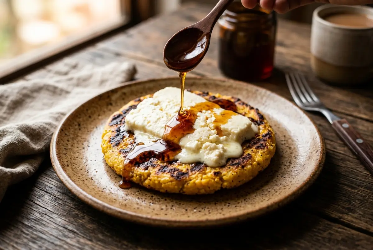 Arepa de choclo con queso y miel