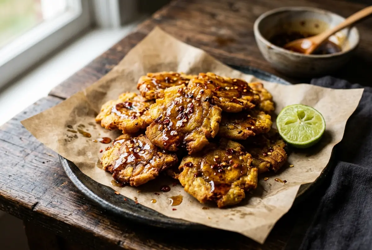 Patacones con miel picante