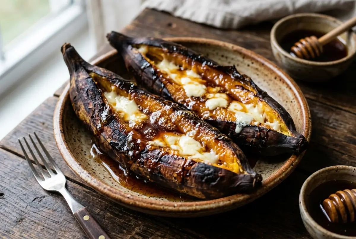 Plátano maduro al horno con miel y queso