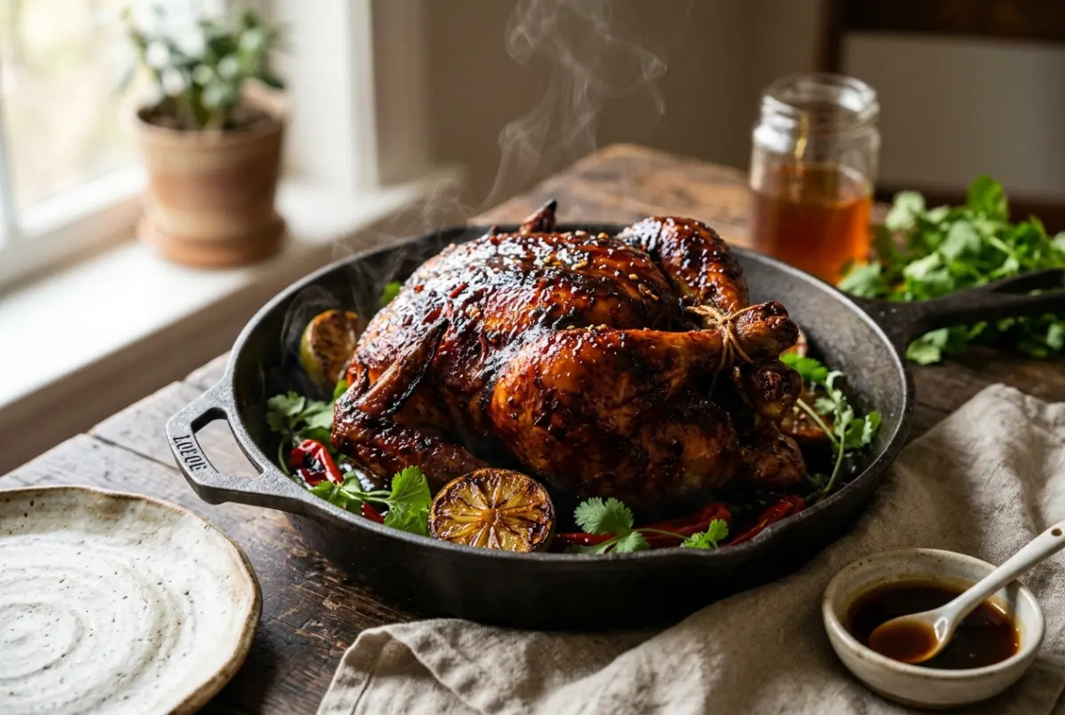Pollo glaseado con miel y ají