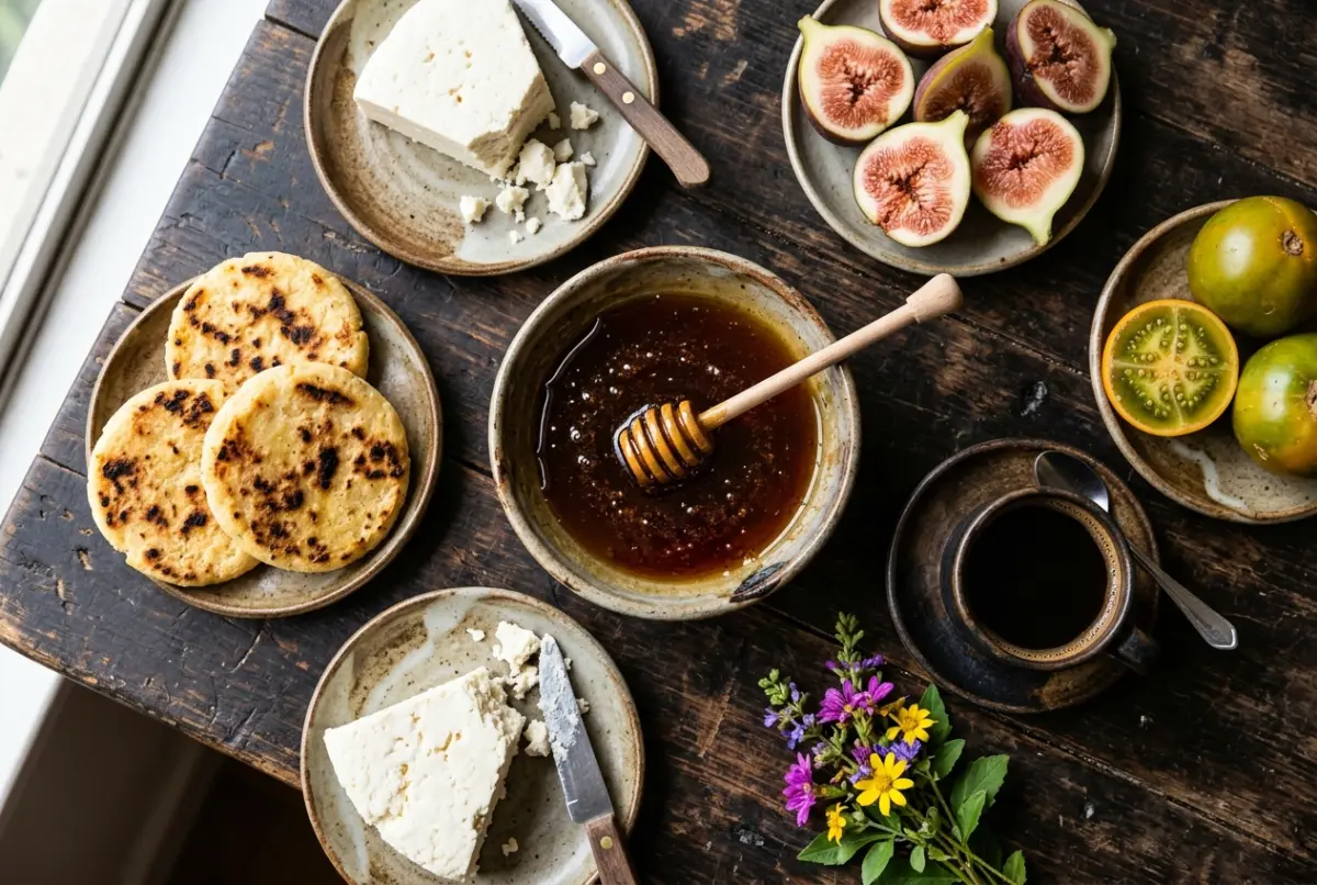 Mesa colombiana con miel, arepas, queso y brevas